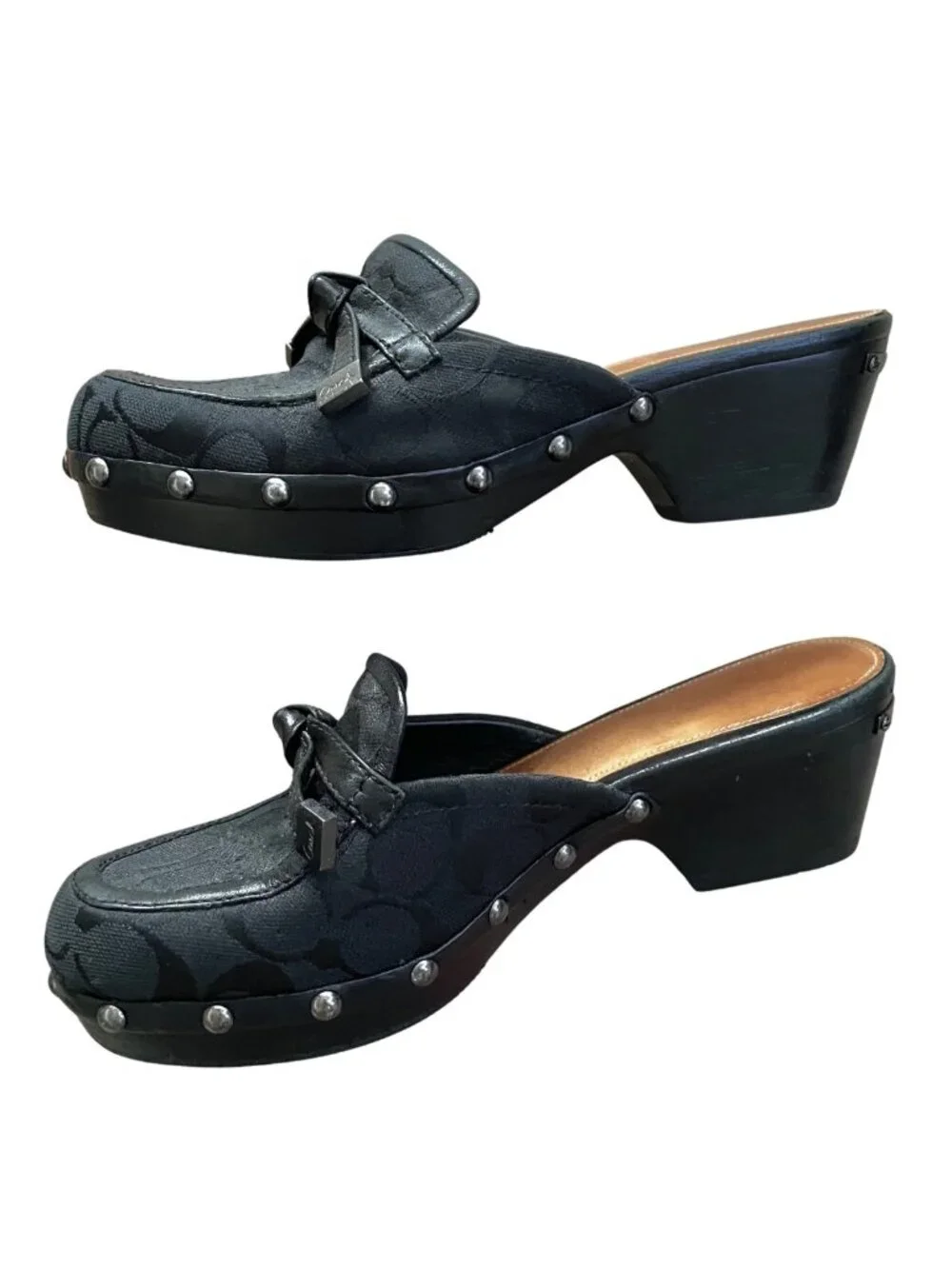 vintage coach tanya preppy black studded mules clogs heels with bows